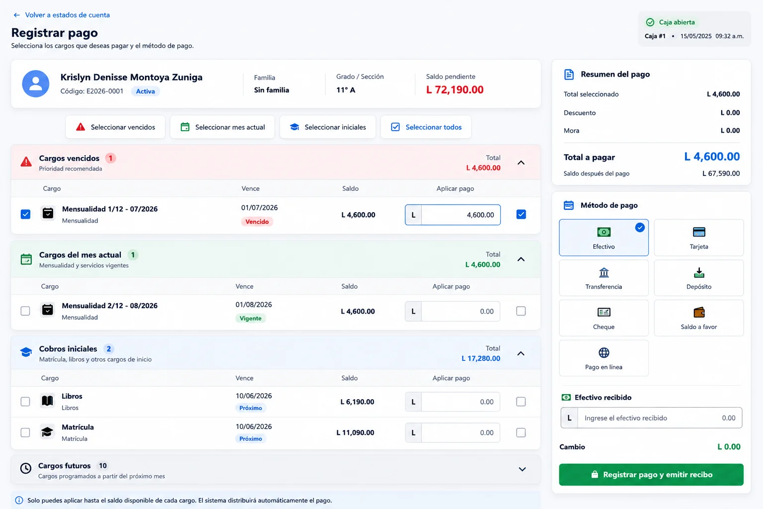 Pantalla del módulo financiero de EasySchool